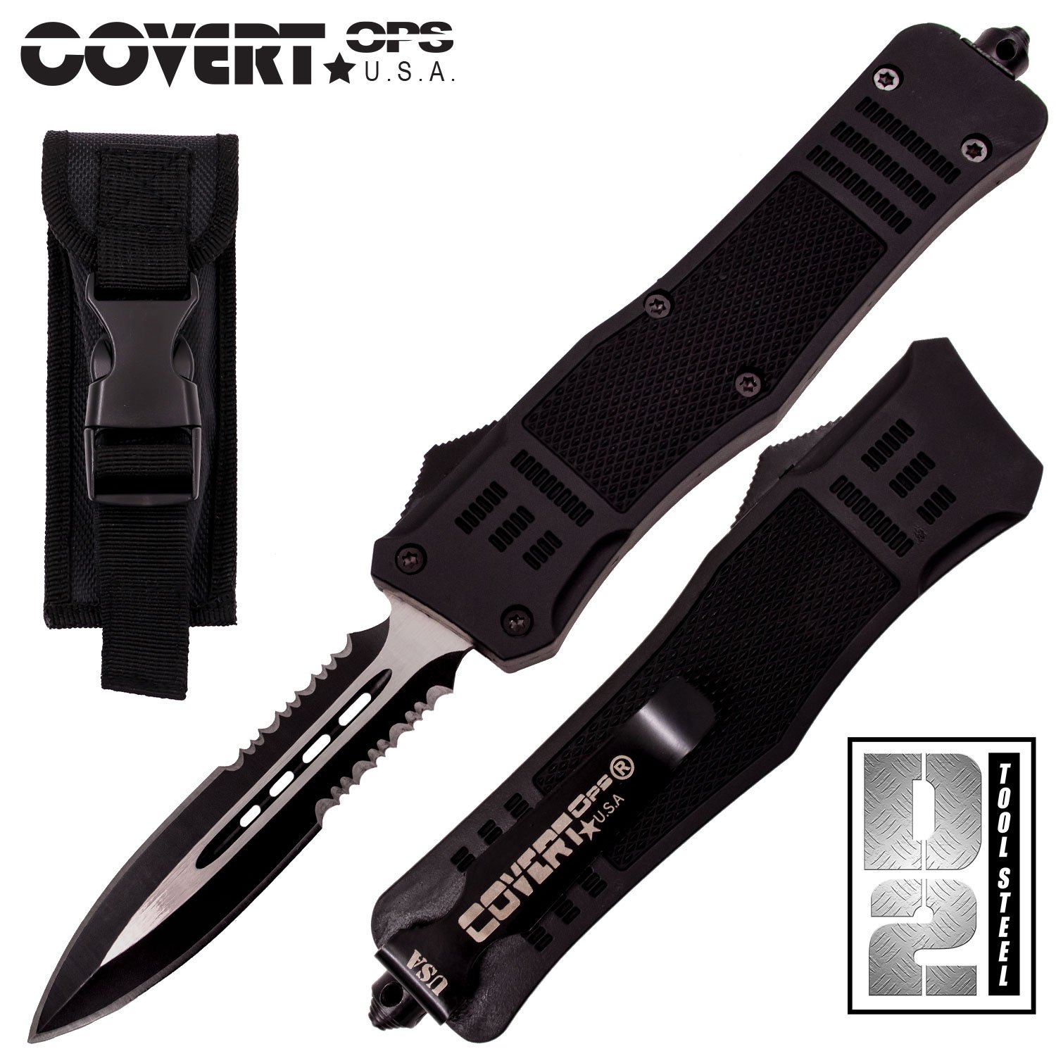 Covert OPS USA OTF Automatic Knife 9 inch Overall D2 Steel Blade Double Serr