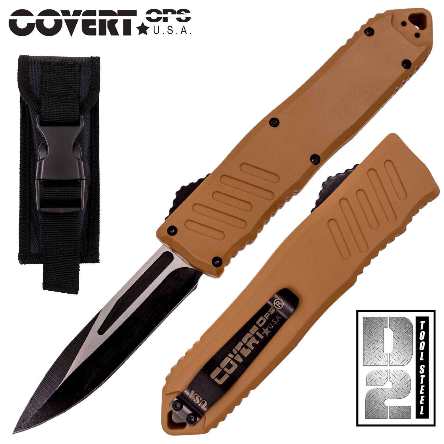 Covert OPS USA OTF Automatic Knife 9 inch Overall D2 Steel Blade Drop Pnt Tan