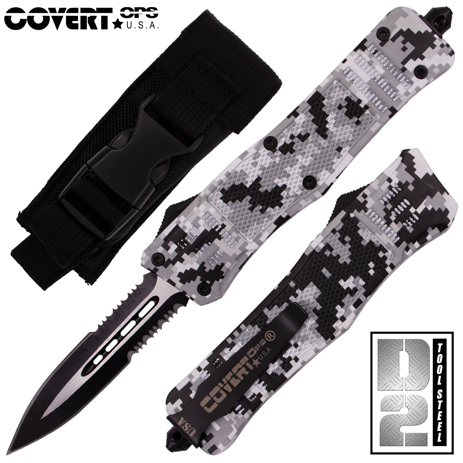 Covert OPS USA OTF Automatic Knife 9 inch WCamo D2 Steel Blade DEdge