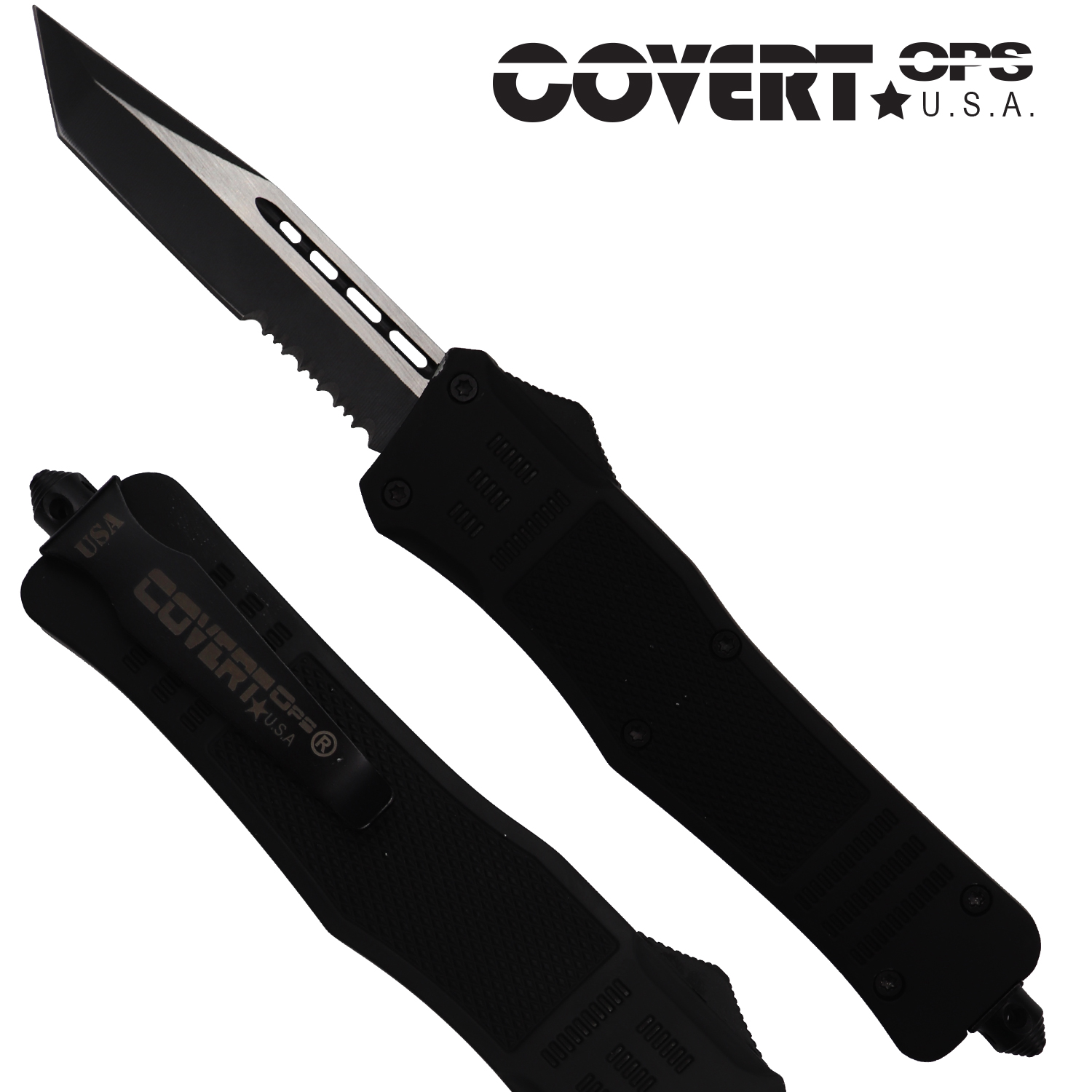 Covert OPS USA OTF Automatic Knife 9 inch overall Black Handle Two Tone Tanto D2 Steel Blade