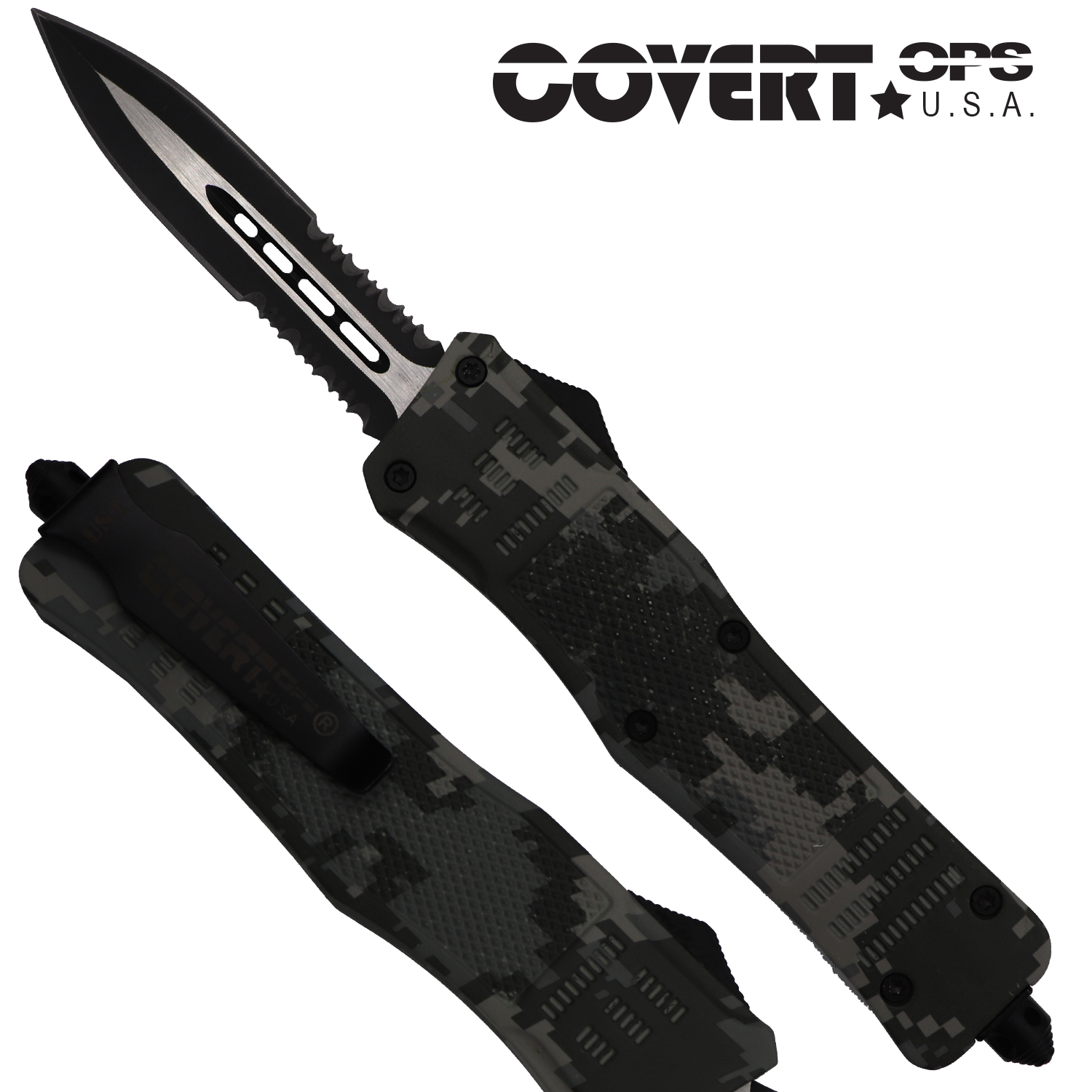 Covert OPS USA OTF Automatic Knife 9 inch overall Digi Camo Handle Two Tone Double Edge D2 Steel Blade