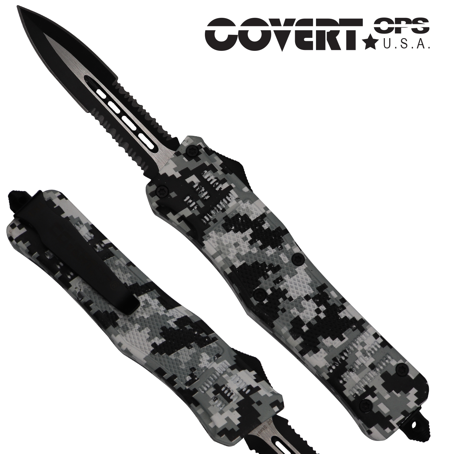Covert OPS USA OTF Automatic Knife 9 inch overall Snow Camo Handle Two Tone Double Edge D2 Steel Blade
