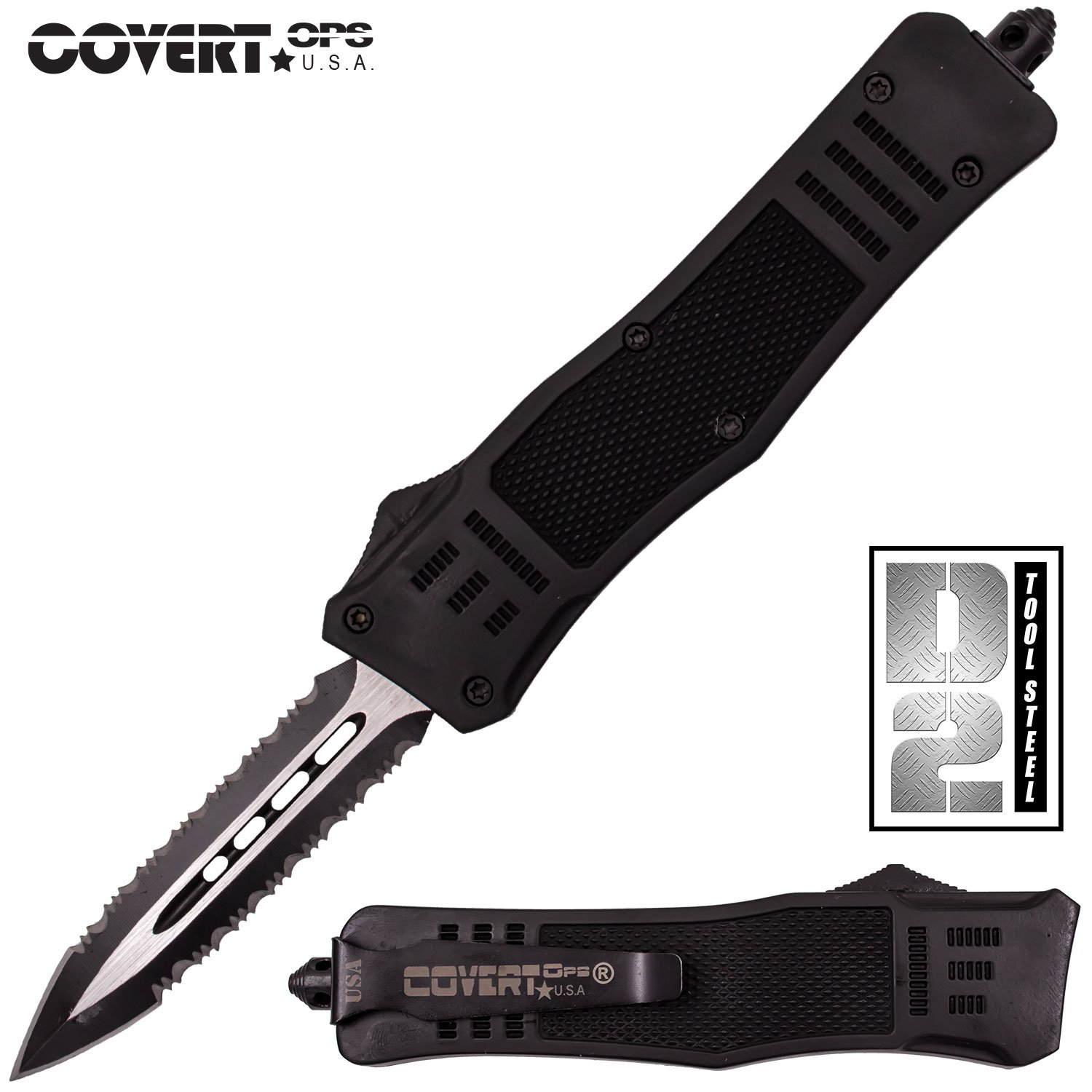 Covert Ops Automatic OTF 7 Inch Fully Serrated Dagger Blade with Case