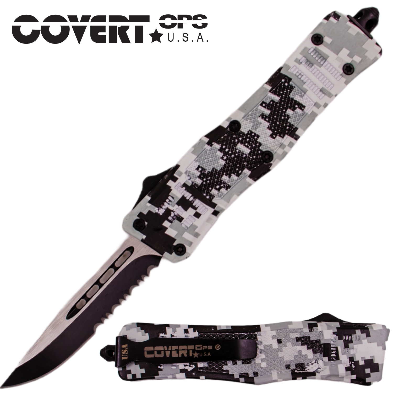 Covert Ops Automatic OTF 8 Inch Auto Dagger Blade with Case (Snow Cam)