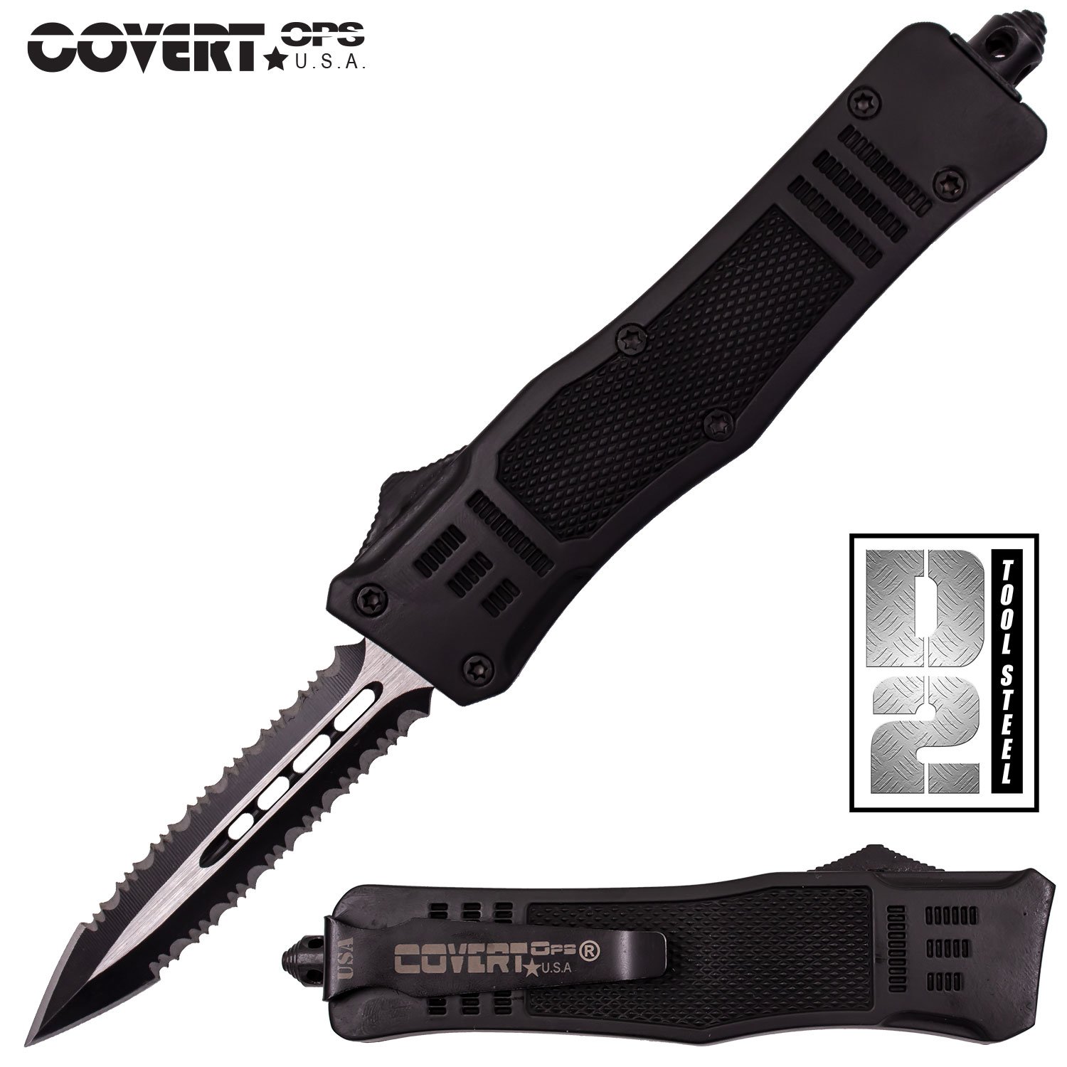 Covert Ops Automatic OTF 8 Inch Fully Serrated Dagger Blade with Case