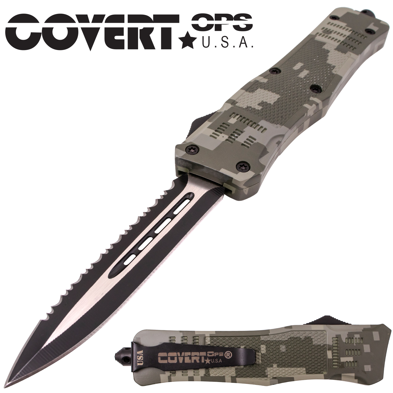 Covert Ops Camo Automatic OTF 9 Inch Dagger Half Serration with Carrying Case