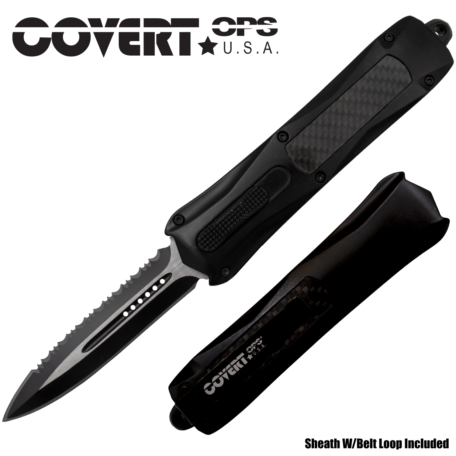 Covert Ops USA Black Double Edged Serrated Automatic Knife