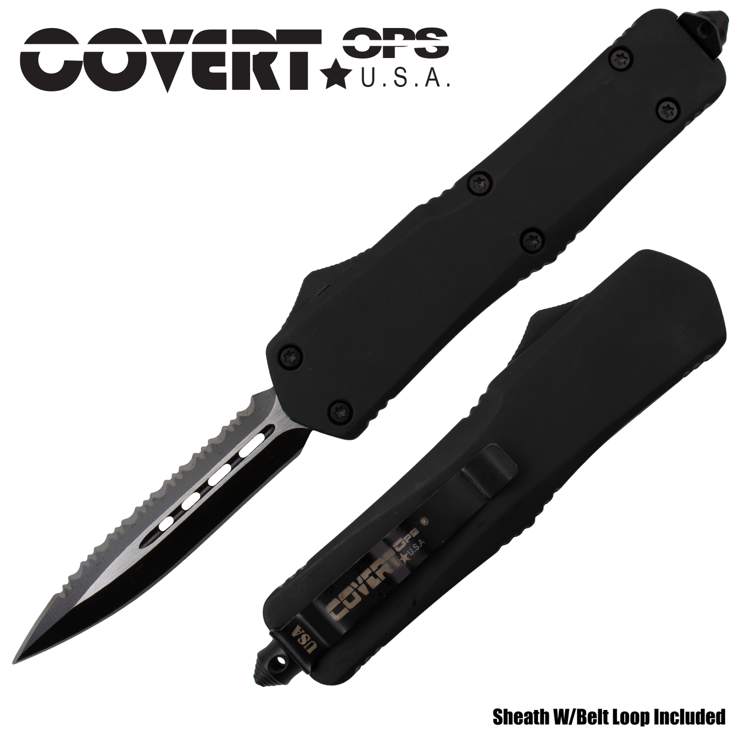 Covert Ops USA Black Double Edged Serrated Blade Automatic Knife