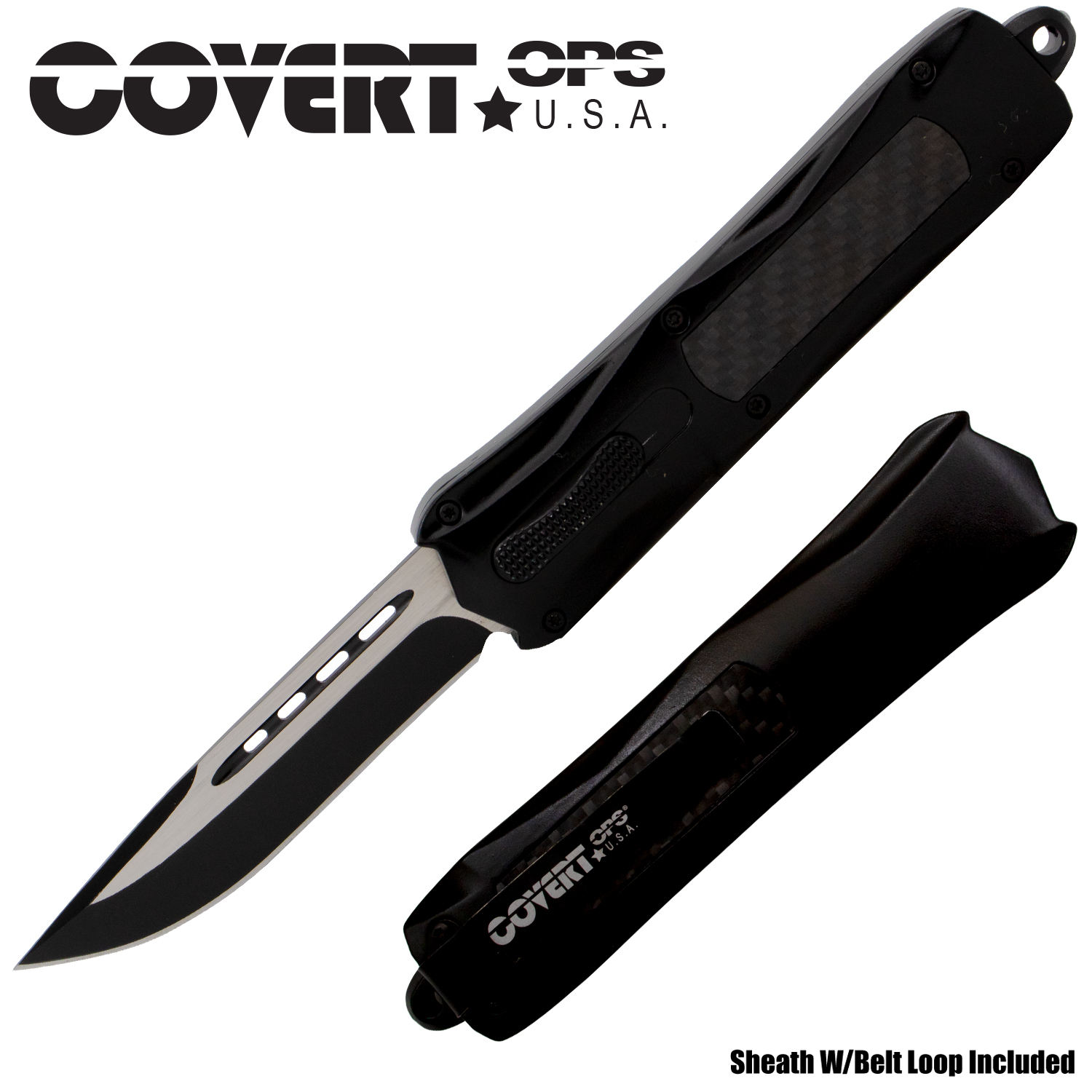 Covert Ops USA Black Drop Point Automatic Knife Carbon Fiber Handle