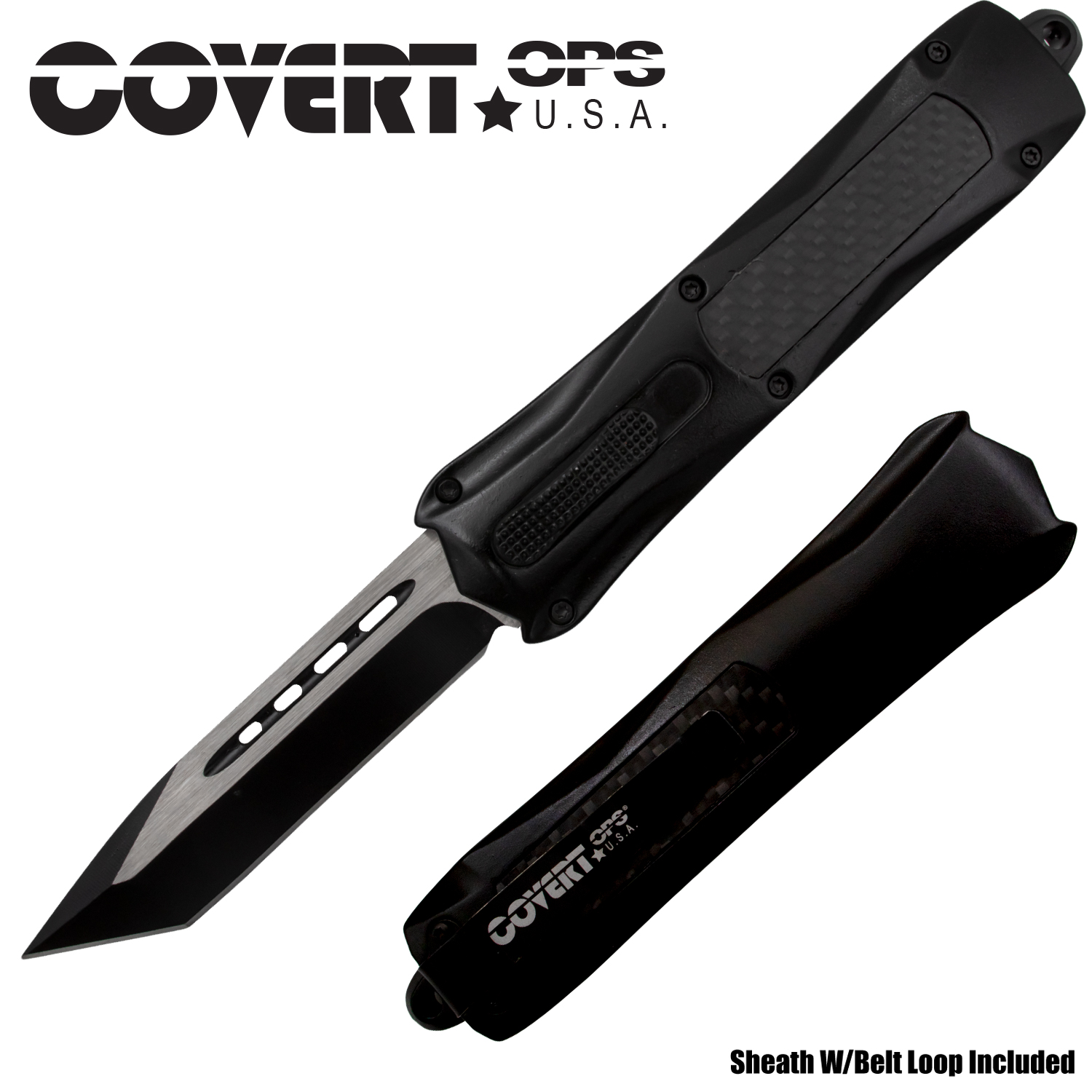 Covert Ops USA Black Tanto Blade Automatic Knife Carbon Fiber Handle