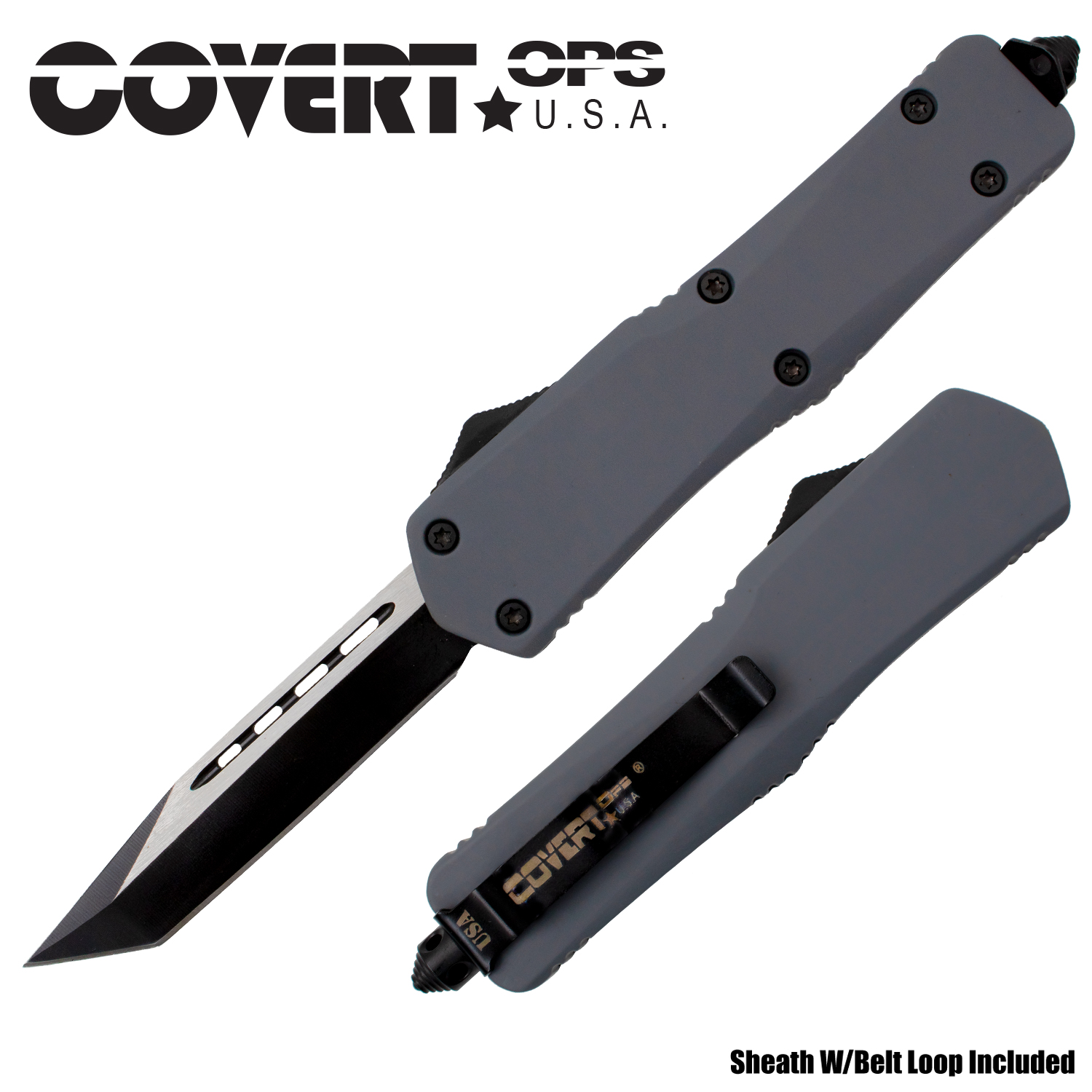 Covert Ops USA Grey Tanto Blade Rubber Non Slip Handle Automatic Knife