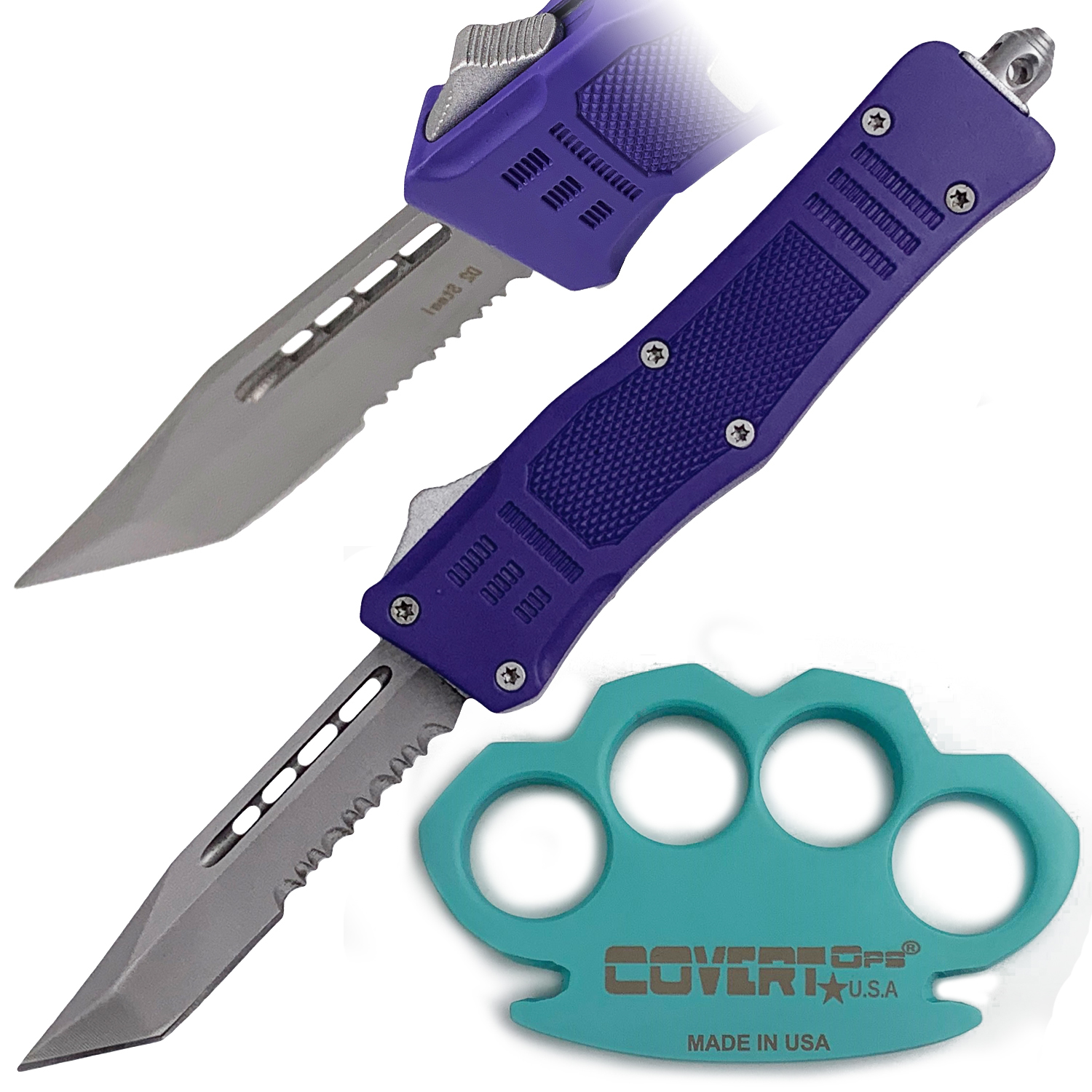 Covert Ops USA OTF Automatic Knife Deep Blue and Tiffany Blue Cerakote Knuckles Combo