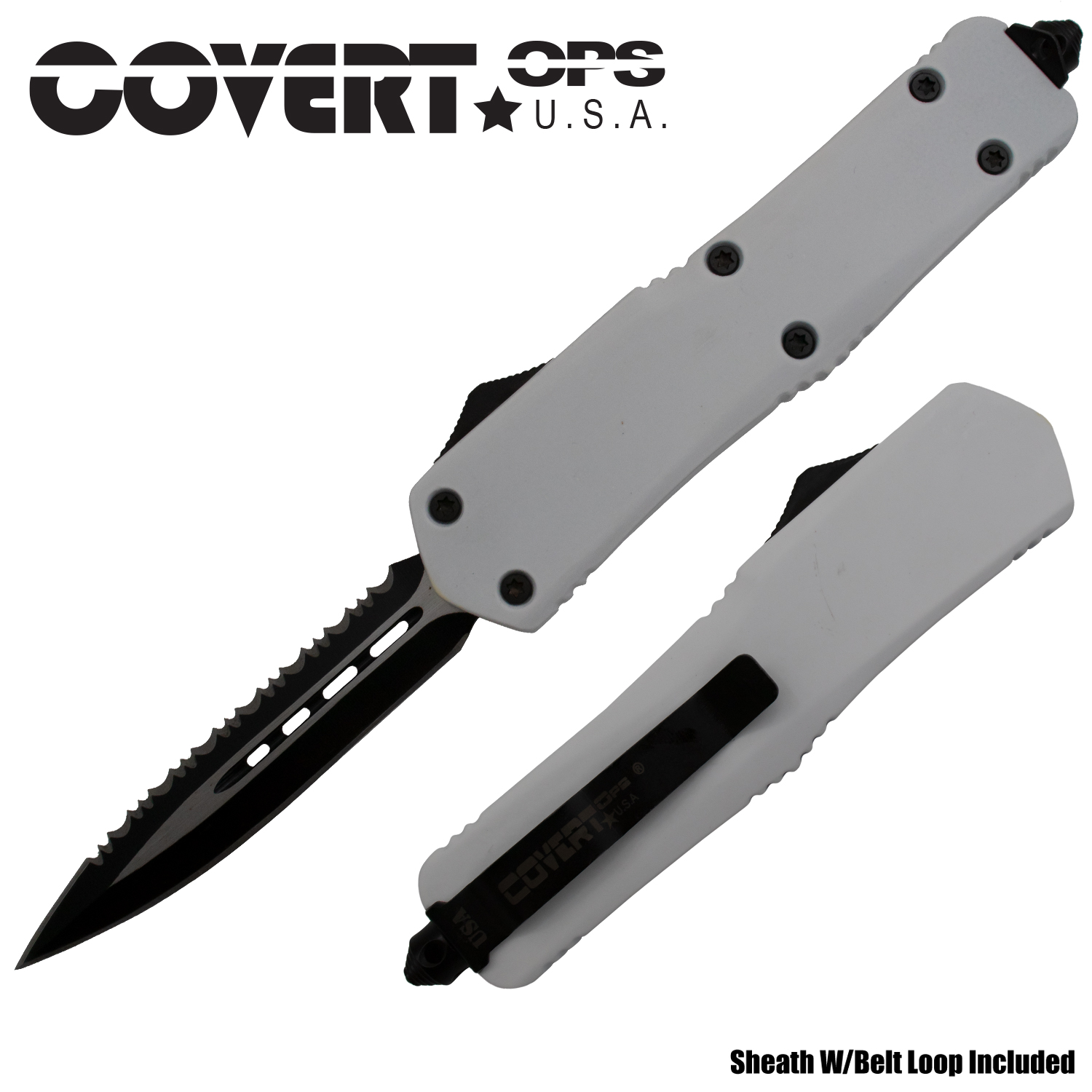 Covert Ops USA White Double Edged Serrated Automatic Knife