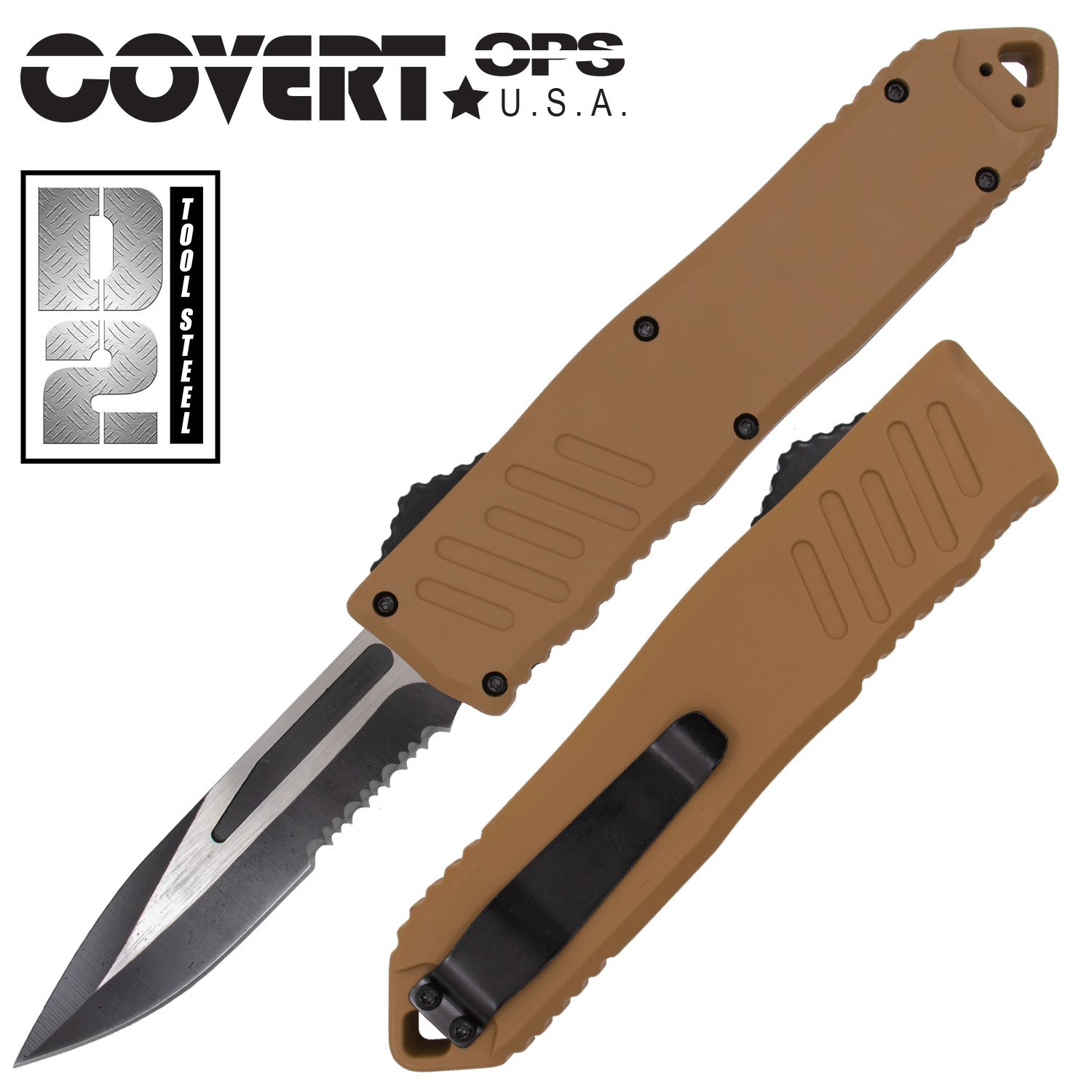 Covert Ops® D2 Tool Steel Automatic OTF Knife 9 Inch Overall Tan