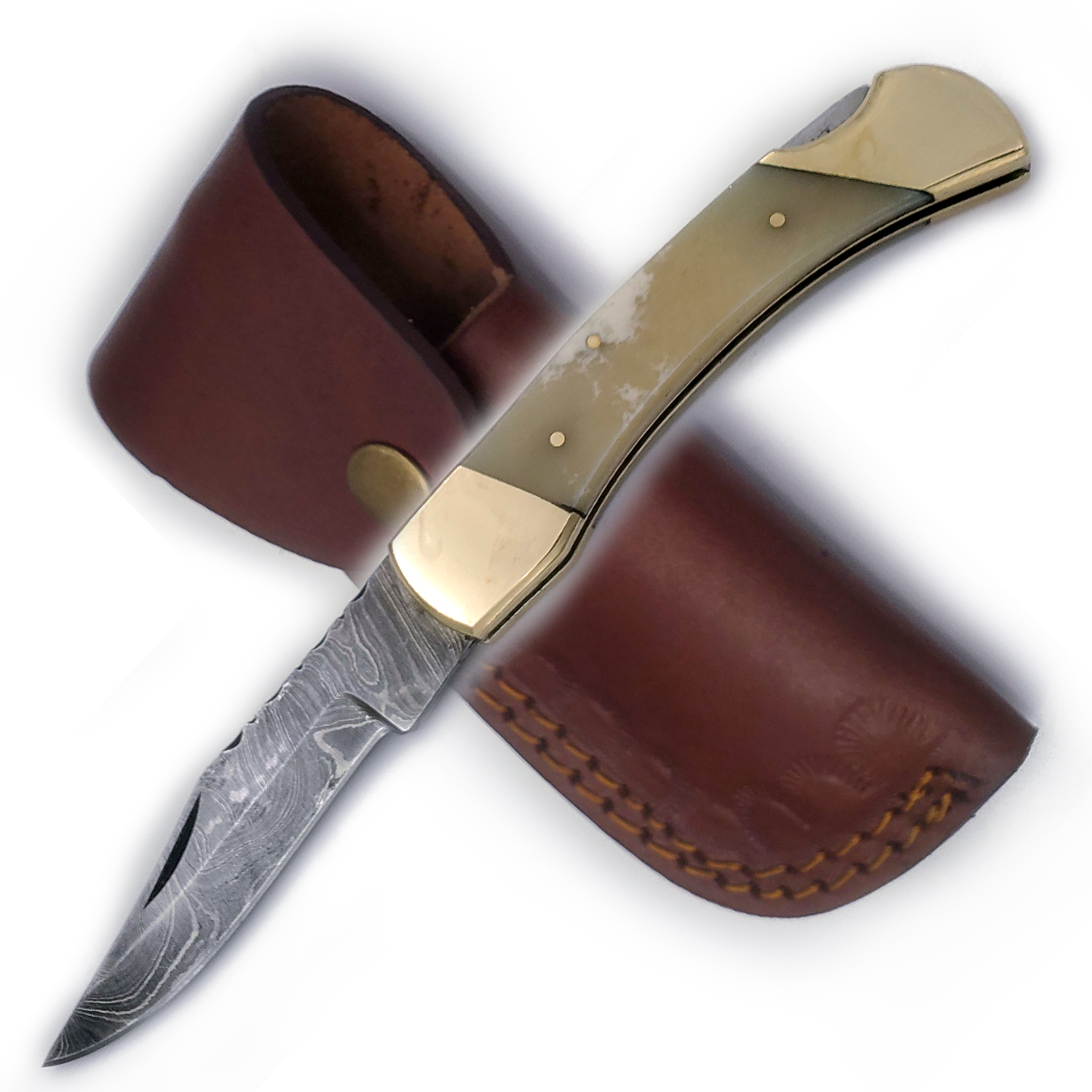 Red Deer 9 Inches Damascus Buffalo Bone Handle Folding Knife