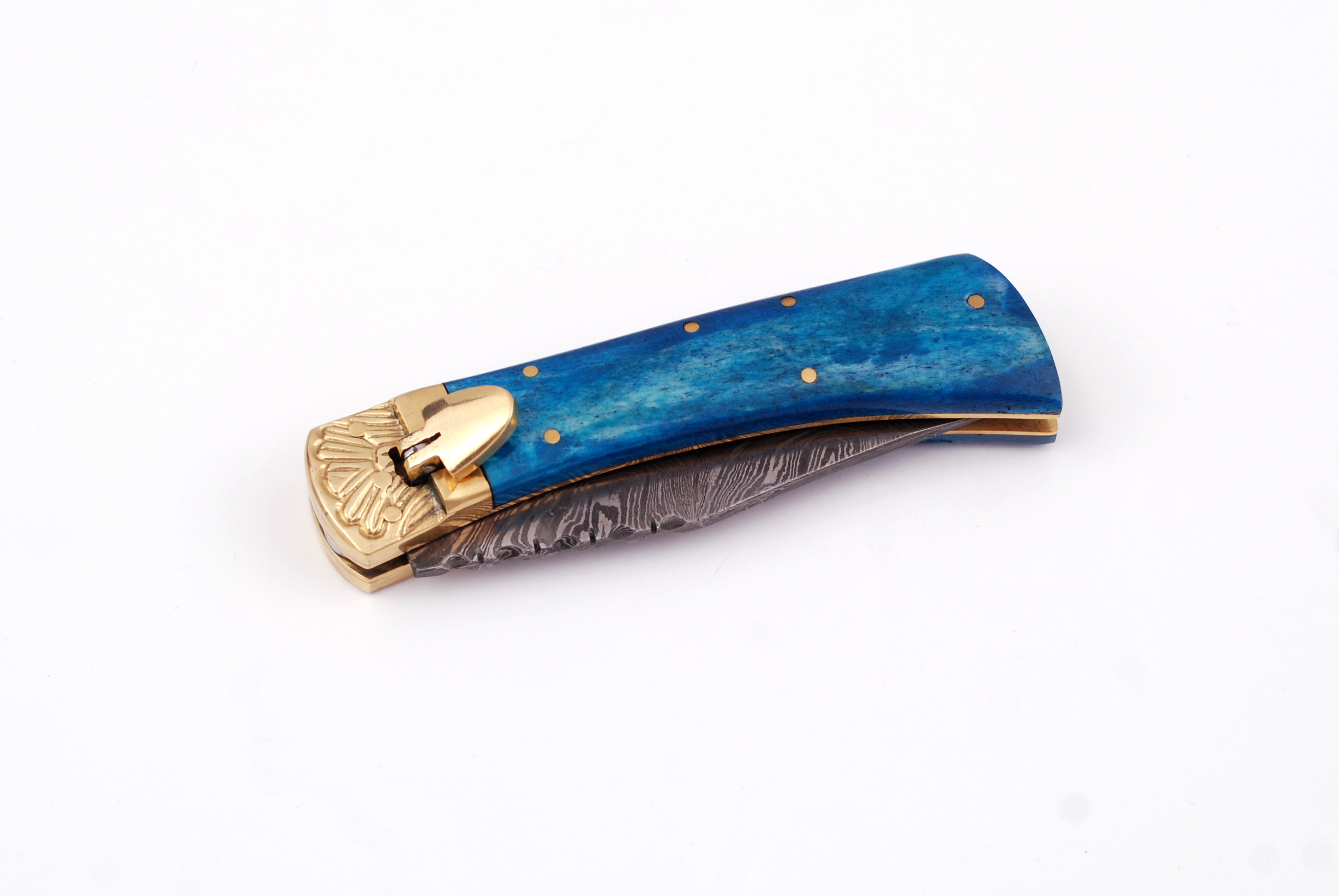 Damascus Leverletto Cerulean Blue Spring Asssited Folding Knife