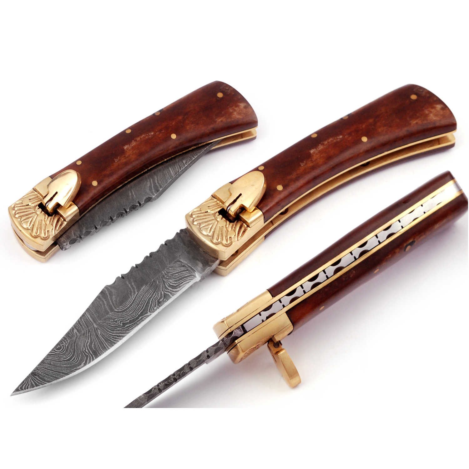Damascus Leverletto Natural Wood Spring Asssited Folding Knife
