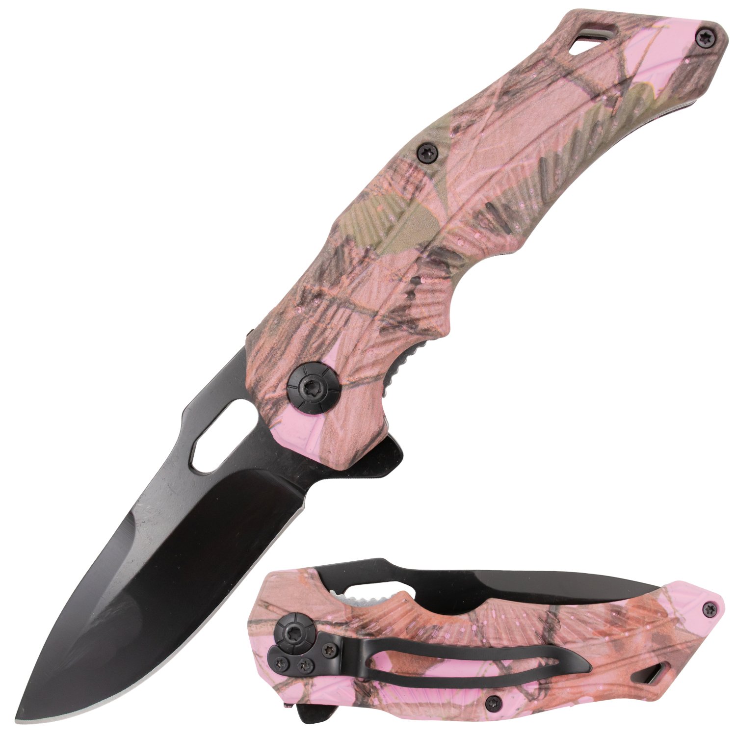 Feather Tiger USA Spring Assisted Drop Point Pink Leaf Camo