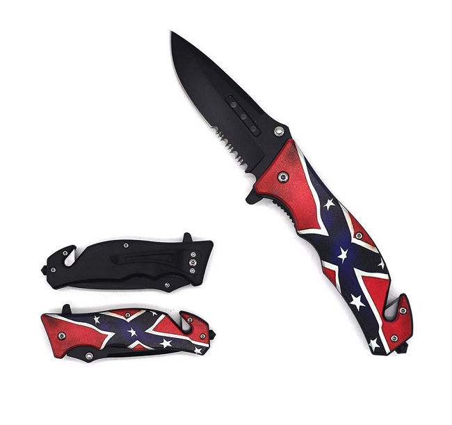 American Pride Confederate Flag Spring Assisted Serrated Folding Knife