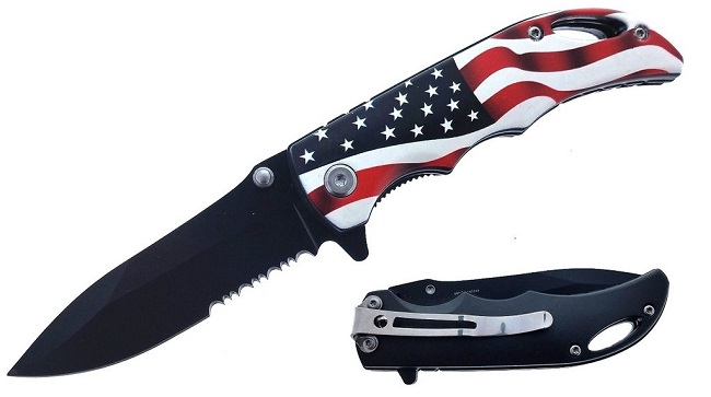 American Pride US Flag Spring Assisted Serrated Folding Pocket Knife