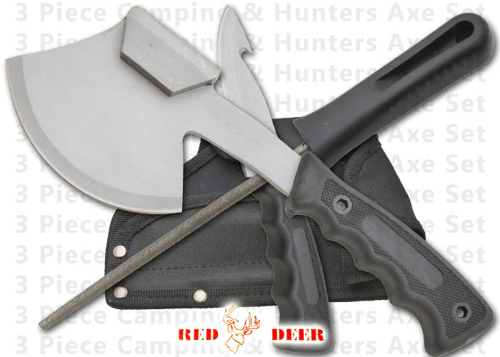 3 Pc Camping Hunther's Axe and Hunting Knife Kit-Silver PA-0044-SL