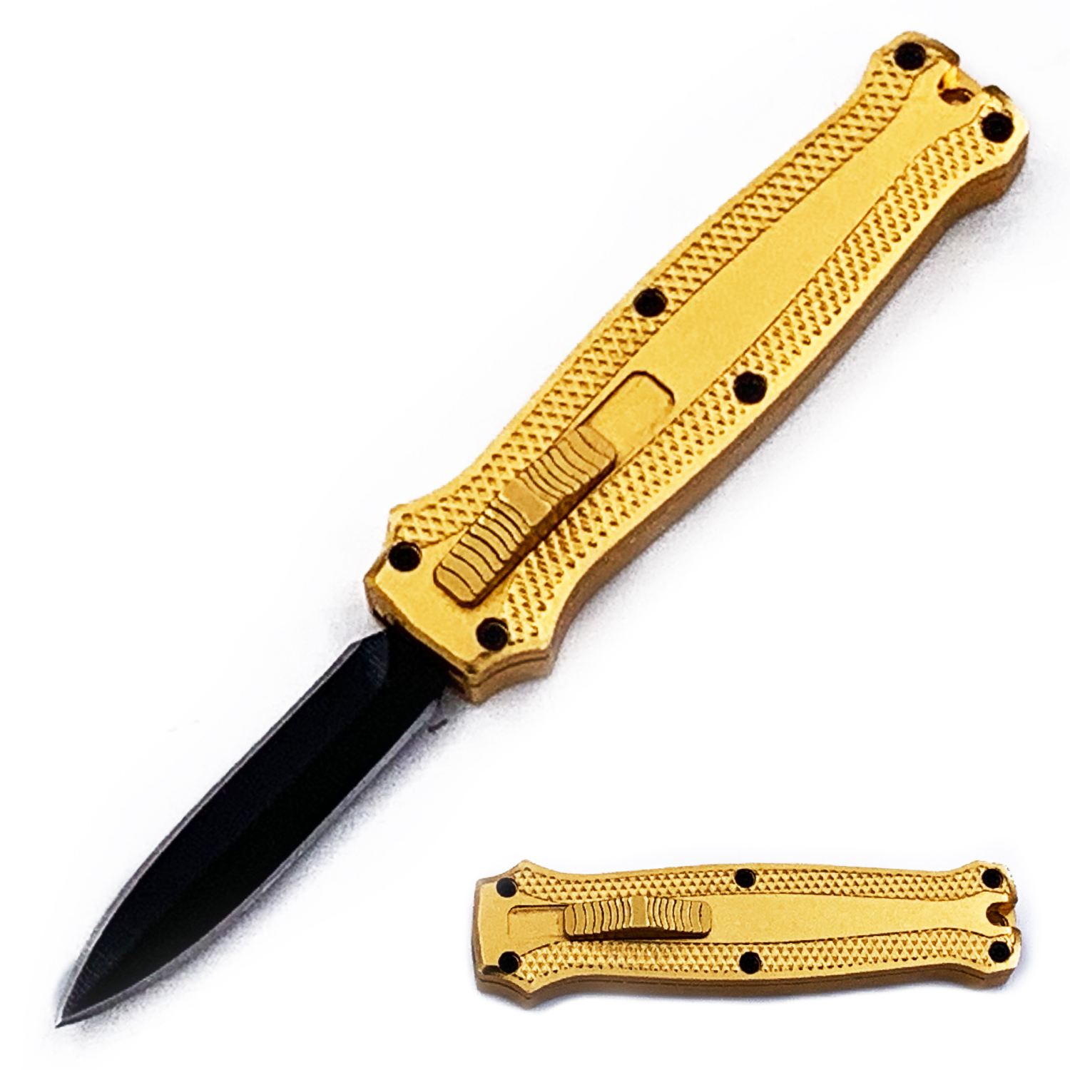 Mighty Mini OTF Pocket Knife Lightweight Aluminum Handle Gold