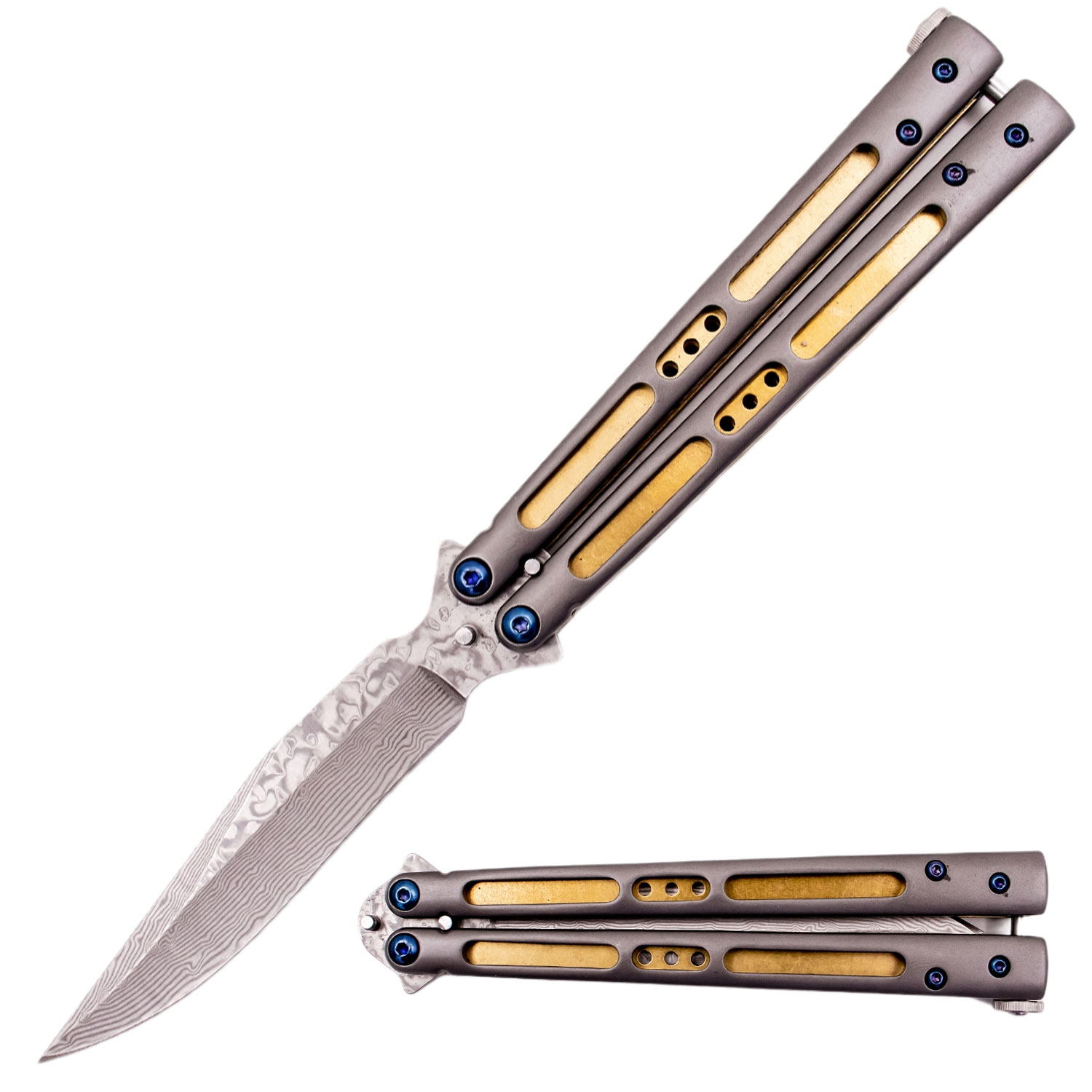 Real Damascus Butterfly Knife with Real Brass Lining (Drop Point)