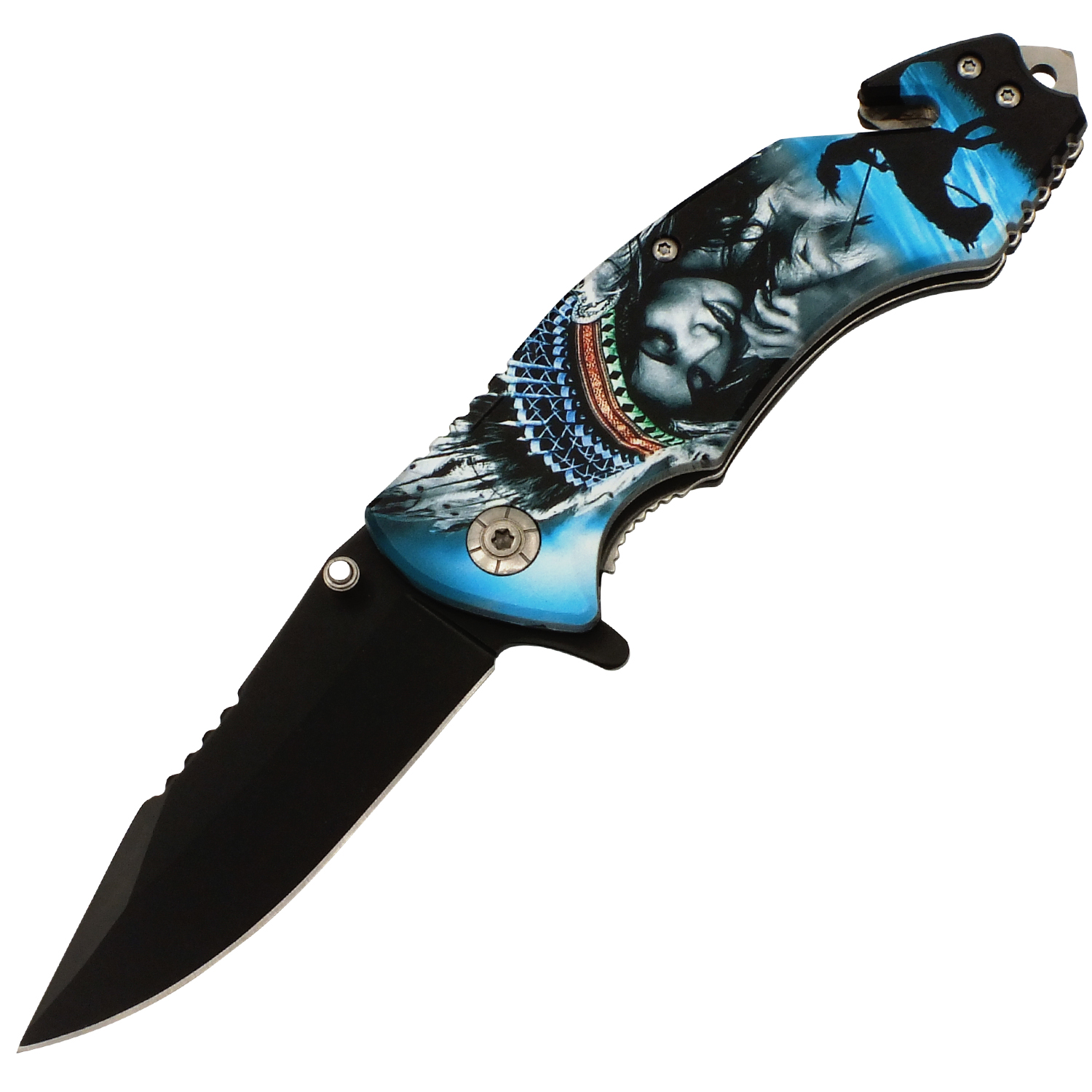 Turquoise Fields Native American Black Blade Spring Assisted Folding Knife