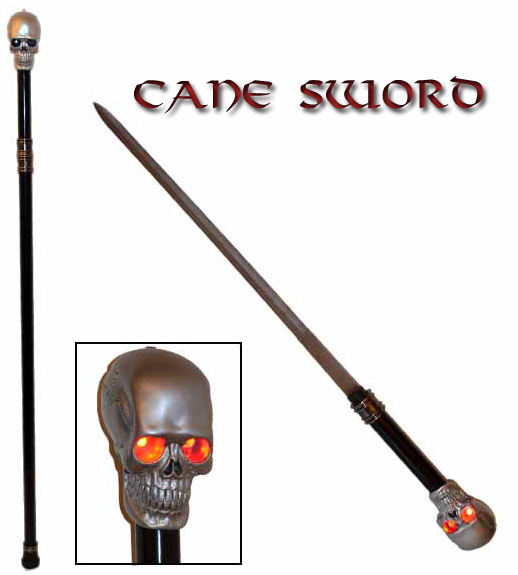 36" Walking Cane w/ Hidden Sword -Red Light Skull