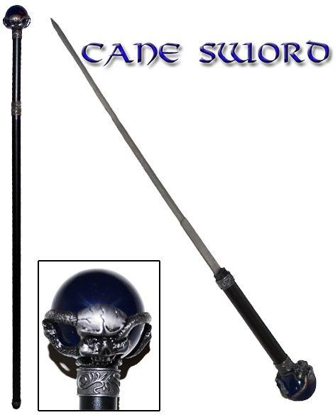 37" Walking Cane w/ HIdden Sword Blue Serpant-Skull Wrapped Ball