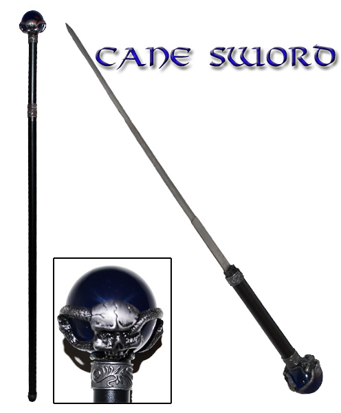 37" Walking Cane w/ HIdden Sword Blue Serpant-Skull Wrapped Ball SW-20