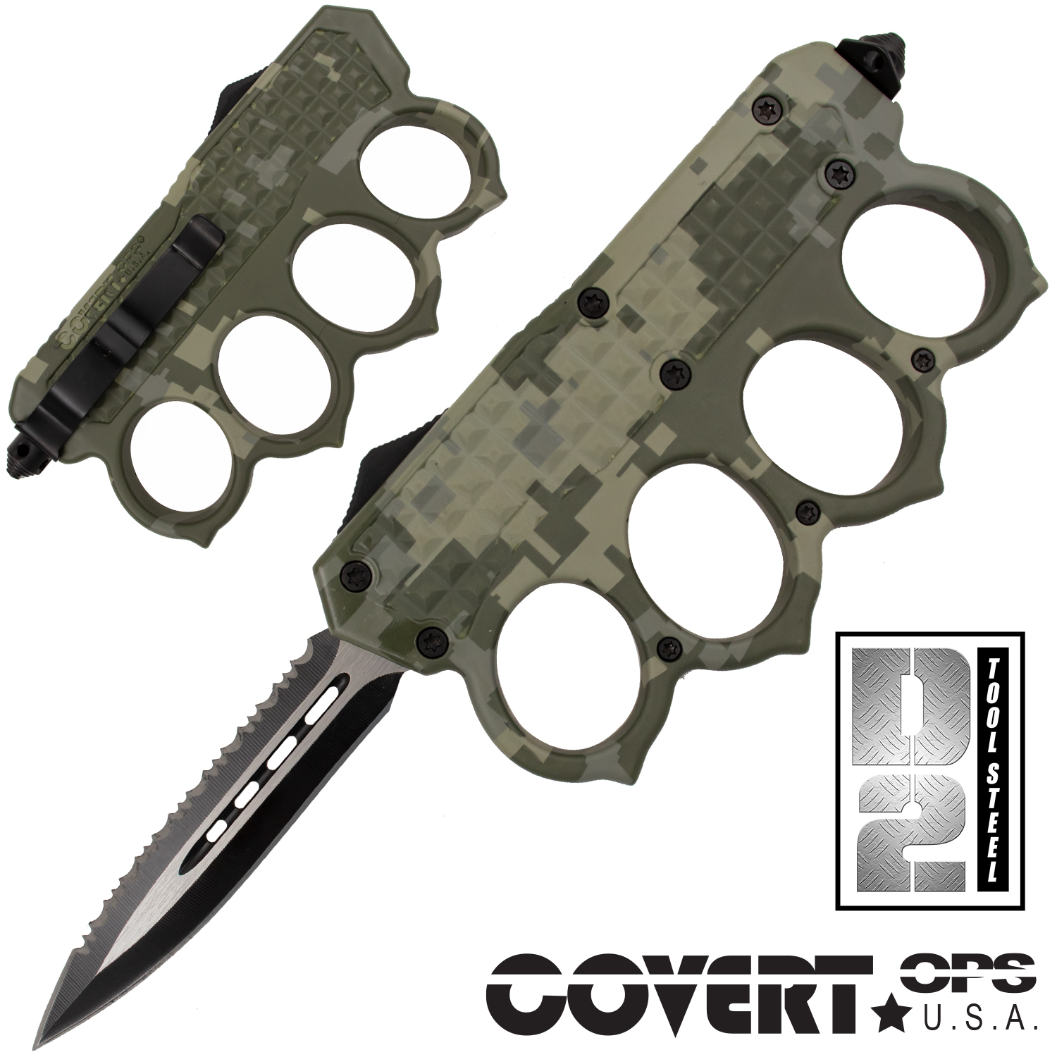 TA12 Automatic OTF Knuckle Knife with Tool and Carrying Case DE Serr (Camo)