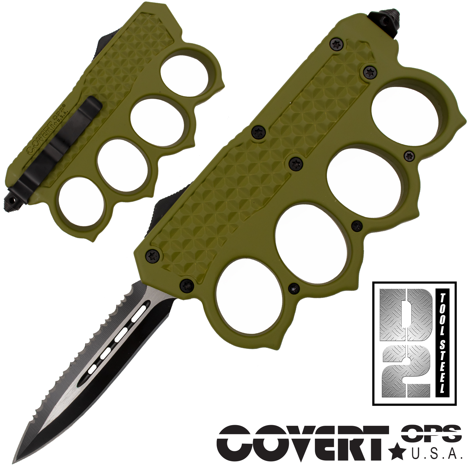 TA12 Automatic OTF Knuckle Knife with Tool and Carrying Case DE Serr (Green)