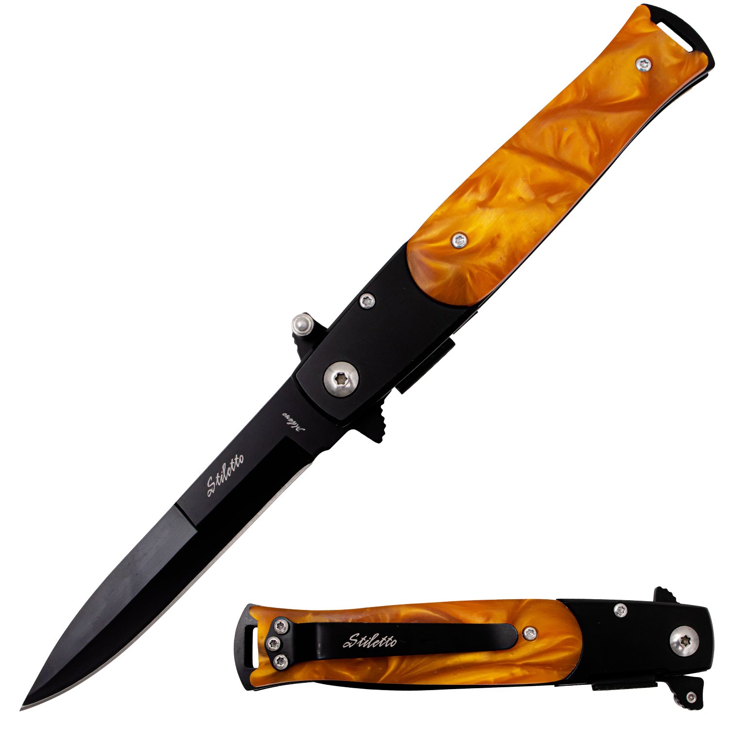 Tiger USA Spring Assisted Knife Amber Pearl Stiletto