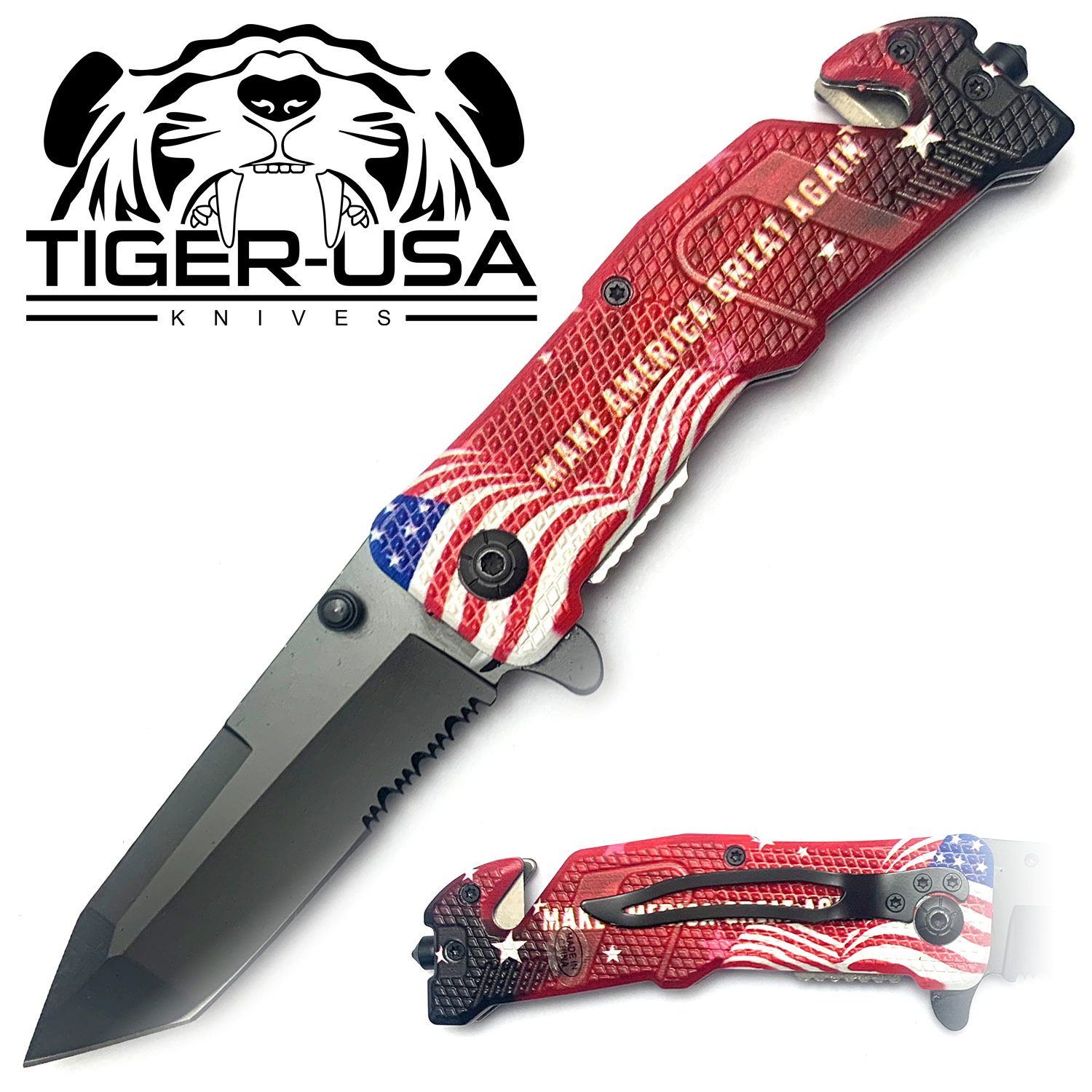 Tiger USA Spring Assisted Knife MAGA Tanto Serrated