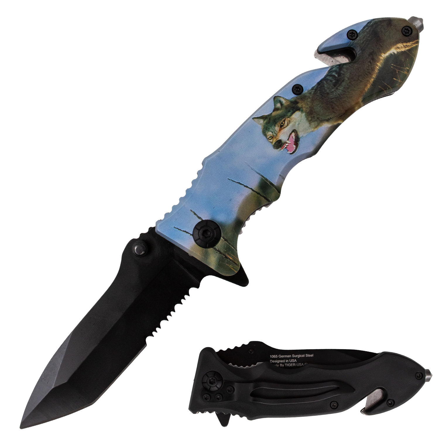 Tiger USA Trigger Action Knife Wolf Growl Tanto