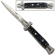 Blue Speckled Silver Automatic Switchblade Knife, XL