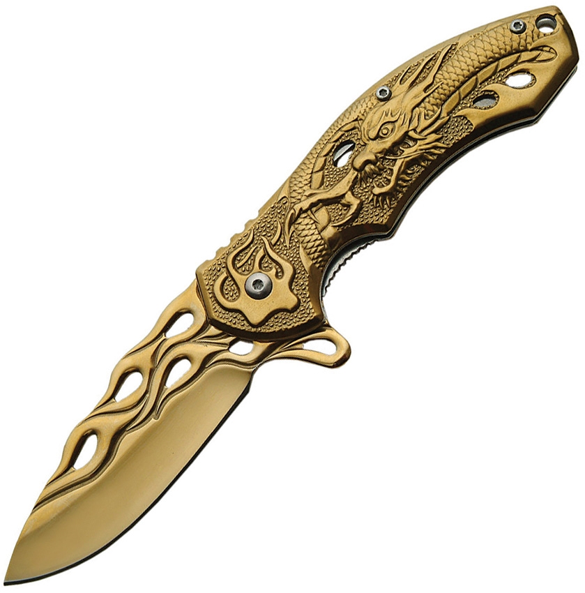 China Made CN300291GD Dragon Flame Folder Knife, Gold