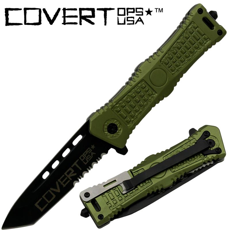 Covert Ops Tanto Blade Spring Assisted Knife, Green