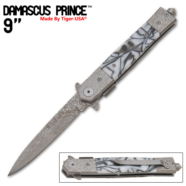 Damascus Prince Stiletto Style Knife Black and White