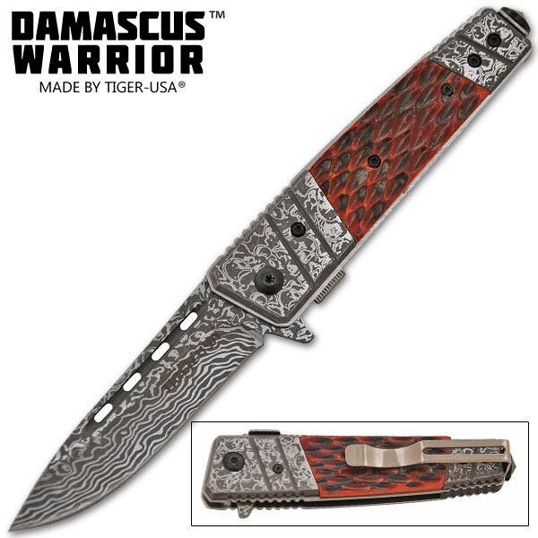 Damascus Warrior Spring Assisted Knife Bone Handle