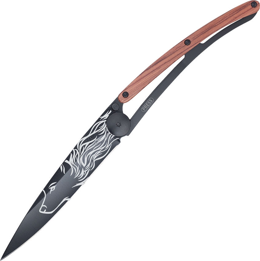 Deejo DEE1GB100 Black Tattoo Wolf Rosewood Knife