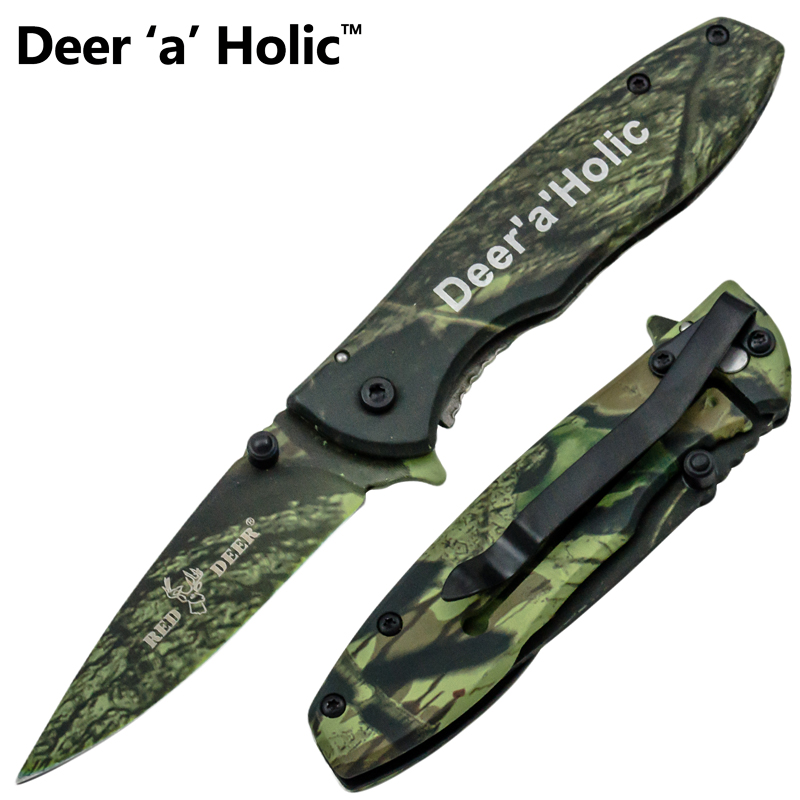 Deer A' Holic Spring Assisted Red Deer Knife, Green Camo