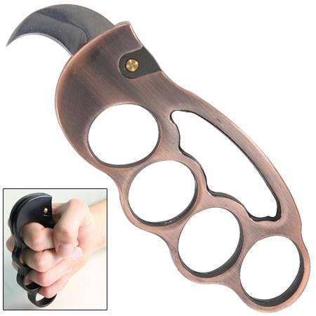 Fighter Knuckles with Automatic Karambit Knife, Copper