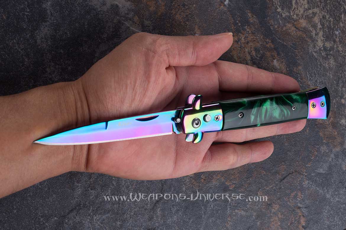 Green Marble Deluxe Rainbow Switchblade Automatic Knife