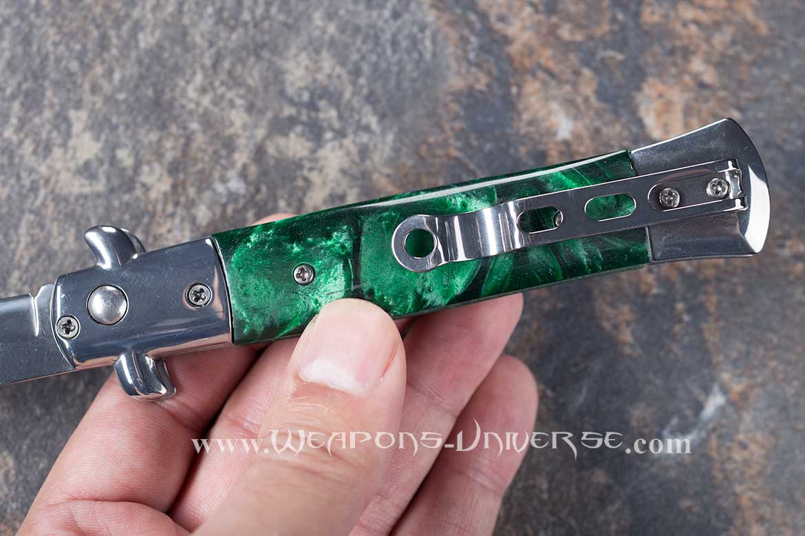 Green Marble Switchblade Automatic Knife, Pocket Clip