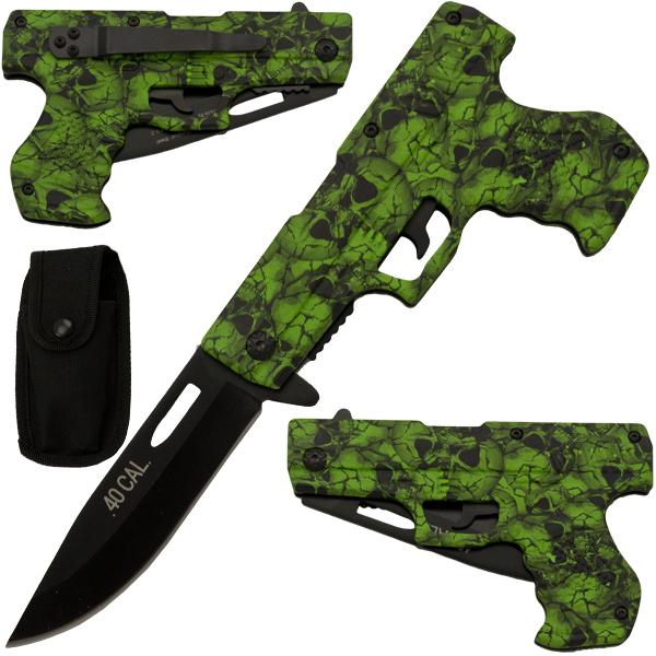 Green Skull Spring Assisted Gun Pistol Knife