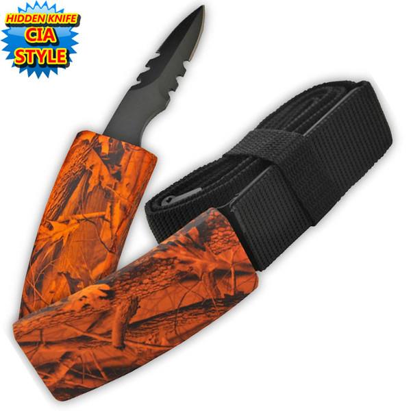 Hidden Belt Buckle Knife, Orange Leaf Camo