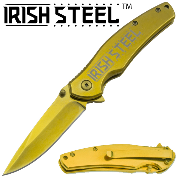 Irish Steel Gold Drop Point Folder