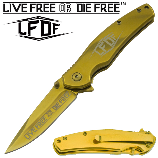 Live Free or Die Free Gold Drop Point Folder